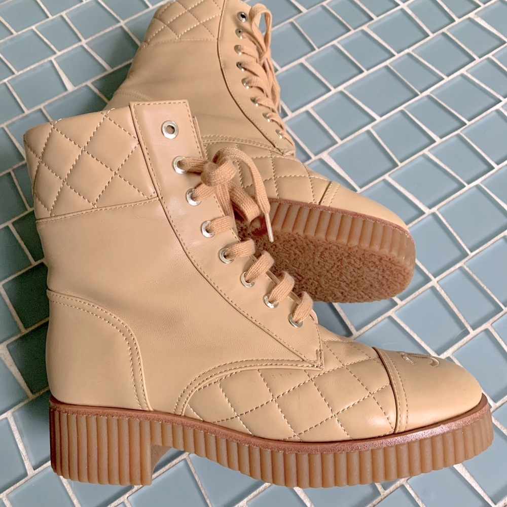 CHANEL Combat Boots Quilted Nude 38